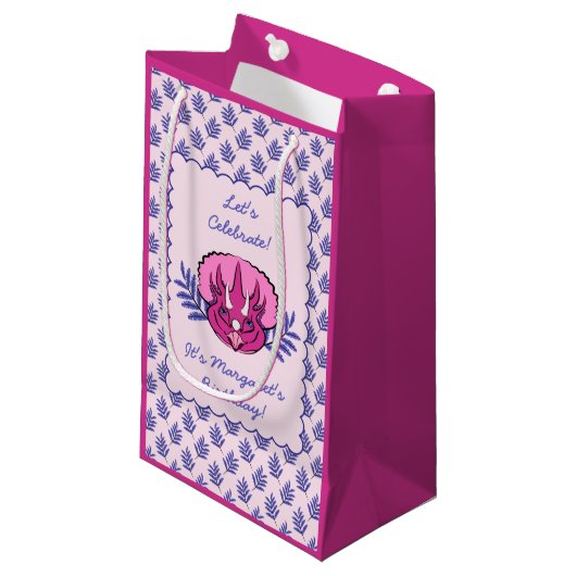 Triceratops  Roze Dinosaur en Leaf Pattern Klein Cadeauzakje (Voorkant Gekanteld)