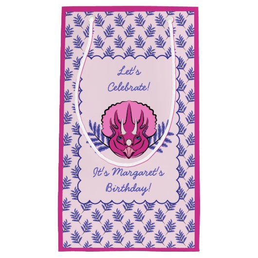 Triceratops  Roze Dinosaur en Leaf Pattern Klein Cadeauzakje (Voorkant)