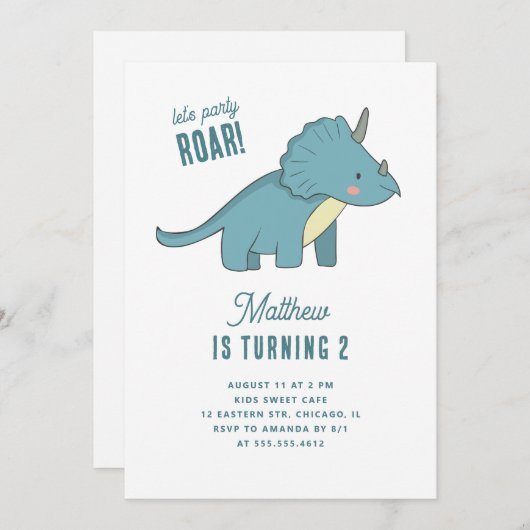 Triceratops verjaardag. Blue Dinosaur Kinder Parti Kaart (Voorkant / Achterkant)