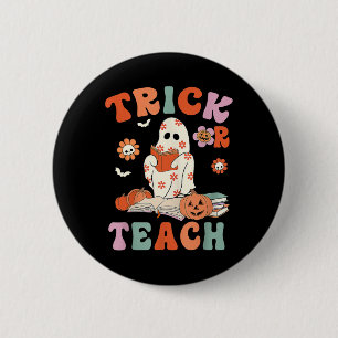 Trick of Teach Retro Groovy Floral Ghost Teacher H Ronde Button 5,7 Cm