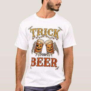 Trick Or Beer Halloween Pompoen Mok Skelet Handen T-shirt