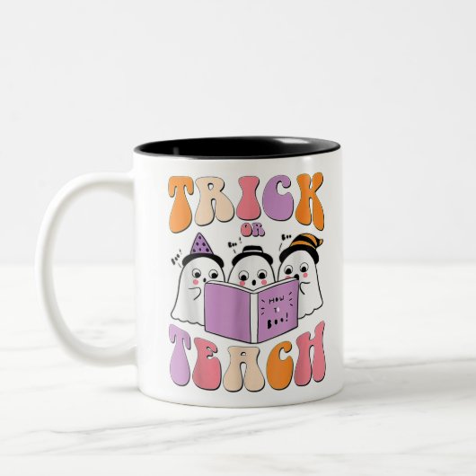 Trick or Teach Ghost Retro Groovy Halloween Teache Tweekleurige Koffiemok (Links)