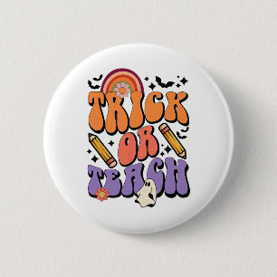 Trick or Teach Groovy Teacher Ghost Funny Hallowee Ronde Button 5,7 Cm