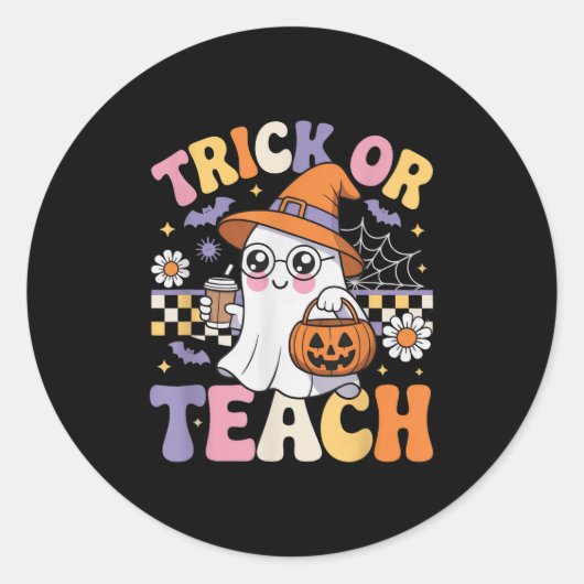 Trick Or Teach Leraar Groovy Geest Grappige Hallow Ronde Sticker (Voorkant)
