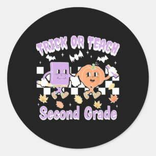 Trick or Teach Tweede klas leraar boek Pompoen H Ronde Sticker