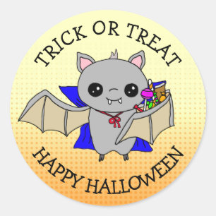 Trick or treat Cute Bat Holding Halloween Snoep Ronde Sticker