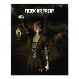Trick or Treat. Dunne vrouw met lamp Foto Afdruk