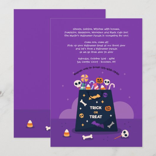 Trick or treat Halloween Bag Invitation Kaart (Voorkant / Achterkant)
