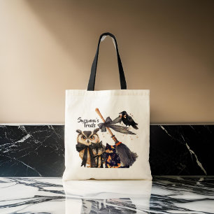 Trick or treat Kraai Kat Broom Wolf Uil Naam Tote Bag