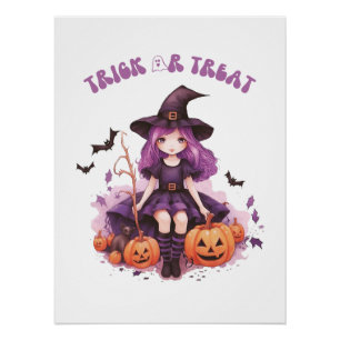 Trick or treat Paarse Heksenpompoenen & Vleermuize Perfect Poster