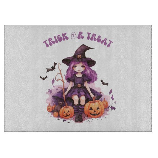 Trick or treat Paarse Heksenpompoenen & Vleermuize Snijplank (Voorkant)
