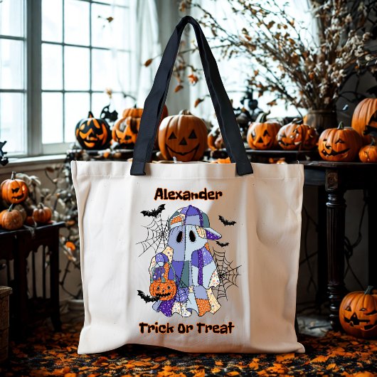 Trick or Treat Patchwork Ghost Halloween Custom Tote Bag
