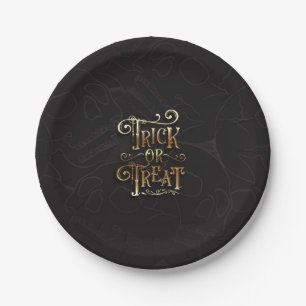 Trick or Treat Schedels Zwart & Goud Halloween Fee Papieren Bordje