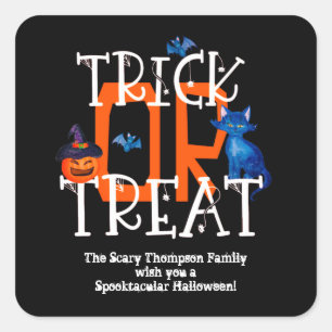 Trick or treat Script Halloween Party Name Black Vierkante Sticker