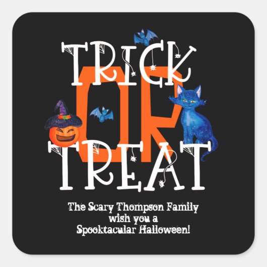 Trick or treat Script Halloween Party Name Black Vierkante Sticker (Voorkant)