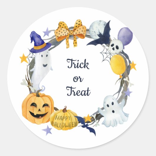 Trick or treat Waterverf Pumpkin & Ghosts Wreath Ronde Sticker (Voorkant)