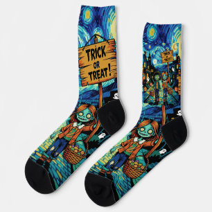 Trick or treat Zombies - Van Gogh Starry Halloween Sokken