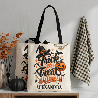 Trick or Treat Zwart Oranje Script Halloween Draagtas