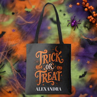 Trick or Treat Zwart Oranje Script Halloween Draagtas