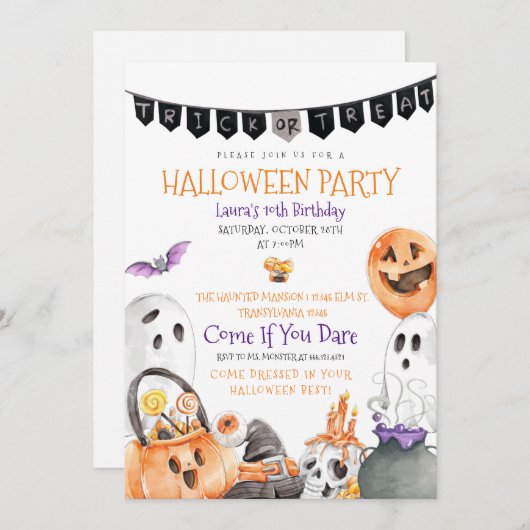 Trick ou traitement Halloween Invitation d'anniver (Devant / Derrière)