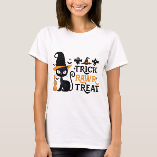 Trick Rawr Treat Zwarte Kat Heksenhoed Halloween T-shirt