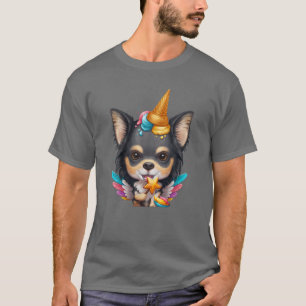 Tricolor Long Coat Chihuahua Ice Cream Unicorn T-shirt