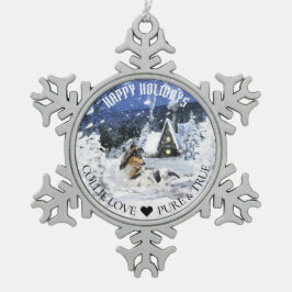 Tricolor Rough Collie and Lambs in Winter Night - Tin Sneeuwvlok Ornament