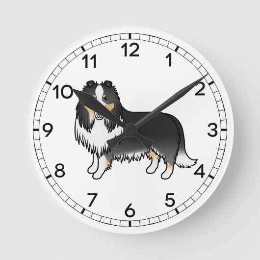 Tricolor Rough Collie Cute Cartoon Dog Ronde Klok (Voorkant)