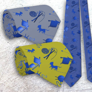 Tricoteurs Cravate Aiguilles Laine Chats Bleu Moti