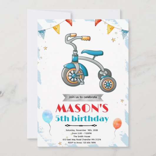 Tricycle birthday party invitation kaart (Voorkant)