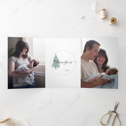 Trifold 4 Foto Evergreen Tree Waterverf Kaart (Binnen)