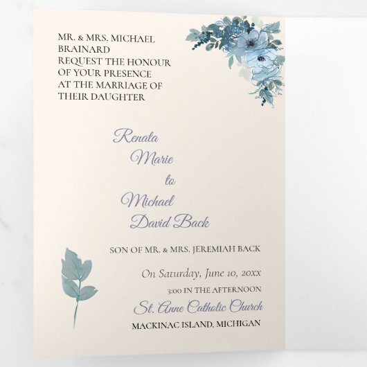 Trifold Blauw Bloemen Aquarel Huwelijksuitnodiging Drieluik Uitnodiging (Binnenzijde eerst)