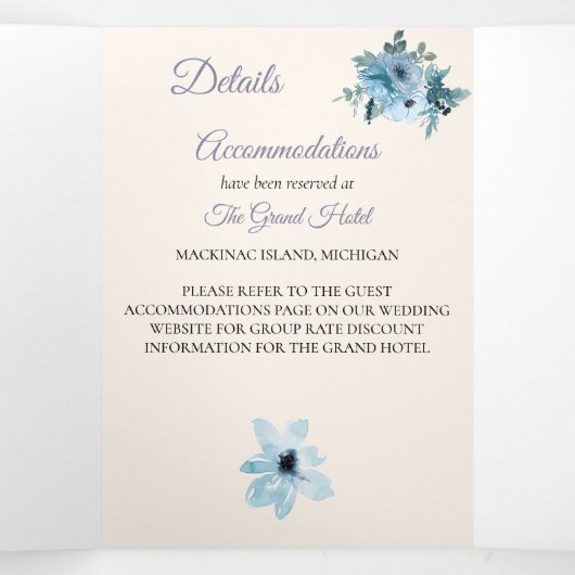 Trifold Blauw Bloemen Aquarel Huwelijksuitnodiging Drieluik Uitnodiging (Binnenkant midden)