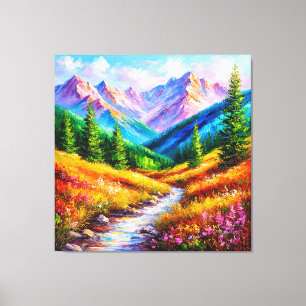 Trillend berglandschap met stroom, wilde bloem canvas afdruk