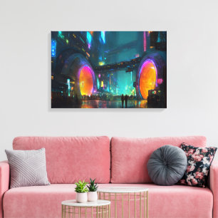 Trillende Cyberpunk Stadsgezicht met Bogen Canvas Afdruk