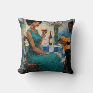 Trillende Jazzvrouw Turquoise Bistro Kunst Kussen
