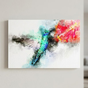 Trillende Kolibrie Aquarel Bloemige Kunstprint Canvas Afdruk