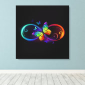 Trillende oneindigheid met regenboogvlinder op zwa canvas afdruk (Insitu (Houten vloer))