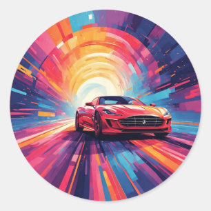 Trillende rode sportwagen in een dynamisch spiraal ronde sticker