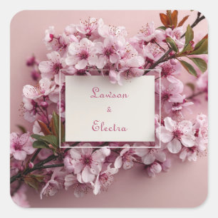 Trillende Roze Kersenbloesem Witte Frame Trouwdag Vierkante Sticker