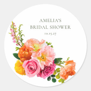 Trillende Roze Klaprozen Bloemige Bruiloftsdouche Ronde Sticker