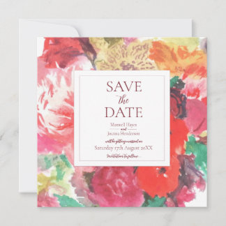 Trilrood en Roze Bloemstuk Save The Date Kaart