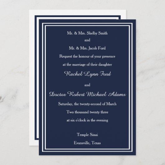 Trim double blanc/marine -5x7 Faire-part de mariag (Devant / Derrière)
