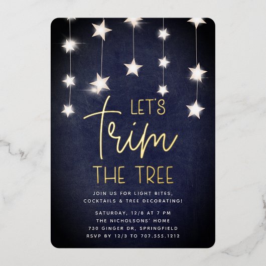 Trimpartij voor kerstbomen met luchtige sterren folie uitnodiging (Voorkant)