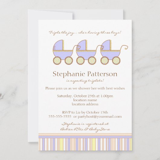 Trio Carriage Triplet Baby Boys Shower Invitation (Devant)