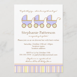 Trio Carriage Triplet Baby Boys Shower Invitation