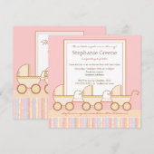 Trio Carriage Triplet Girl Baby shower Invitation Kaart (Voorkant / Achterkant)