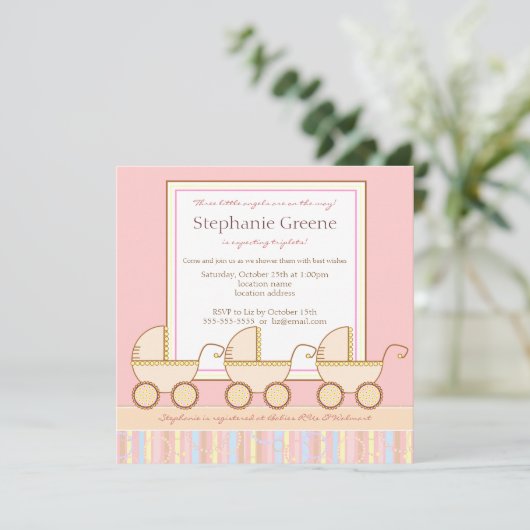 Trio Carriage Triplet Girl Baby shower Invitation Kaart (Staand voorkant)