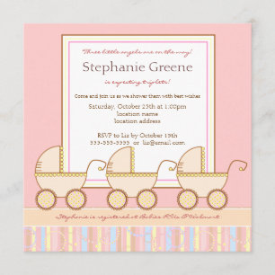 Trio Carriage Triplet Girl Baby shower Invitation Kaart