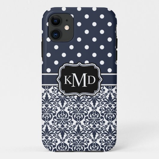 Trio Monogrammed Navy Damask Case-Mate iPhone Case (Achterkant)